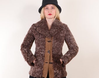 70s Vintage Curly Sheepskin fur coat Norwegian in violet gray XXS/XS petite