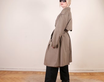 trench-coat vintage ceinturé en gris L avec doublure en mélange de laine, garde-robe capsule minimaliste