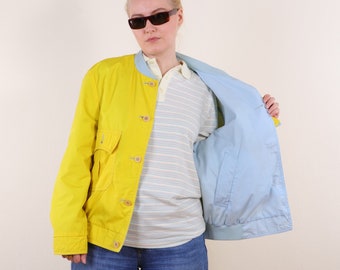 Vintage 80s REVERSIBLE bold bomber jacket in yellow and baby blue ~M, cotton artisan hippie short jacket