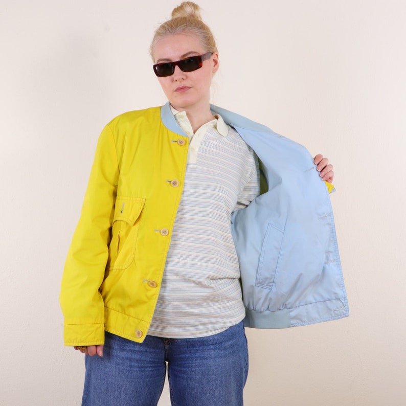 Vintage 80s REVERSIBLE bold bomber jacket in yellow and baby blue M, cotton artisan hippie short jacket image 1