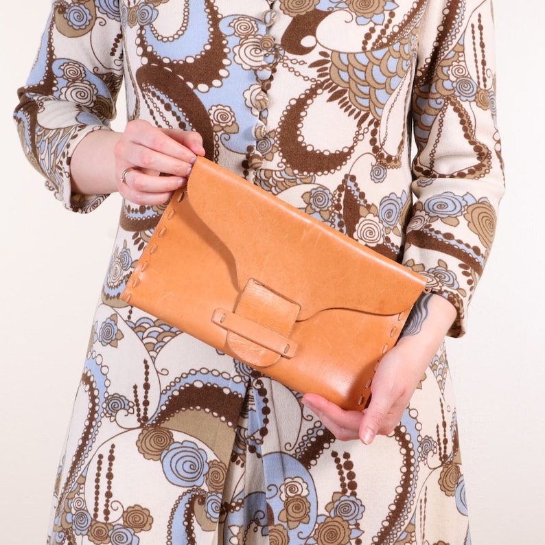 Vintage Hand-stitched envelope clutch bag in Natural Leather, boho style accessories image 1