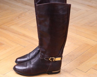 80s Vintage Minimalist Riding Leather pull on long boots in burgundy brown