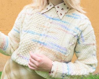 Vintage wool cropped striped sweater in cable knit pastel colors, Size XS-M, handknitted sweater