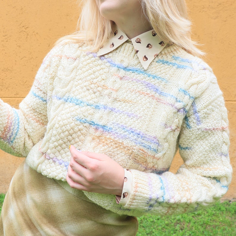 Vintage wool cropped striped sweater in cable knit pastel colors, Size XS-M, handknitted sweater image 1