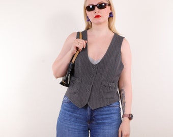 Vintage Y2K Vest in Herringbone size EU42 (L/XL), Dark Academia Gray buttoned Gilet waistcoat