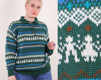 Vintage 90s Knitting Love suéter de algodón Konen Munchen en verde esmeralda M