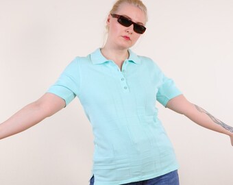 Vintage 90s knitted polo t-shirt sweater in mint blue S/M, Short Sleeve Non-Itchy Preppy Sweater Top