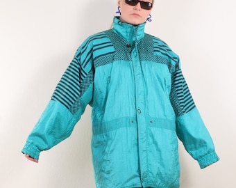 90s Vintage Windbreaker Striped Checkered in teal ~M/L