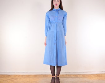 peignoir italien vintage bleu ciel, long manteau d'hiver boutonné avec ceinture et poches ~ XS petite