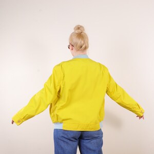 Vintage 80s REVERSIBLE bold bomber jacket in yellow and baby blue M, cotton artisan hippie short jacket image 7