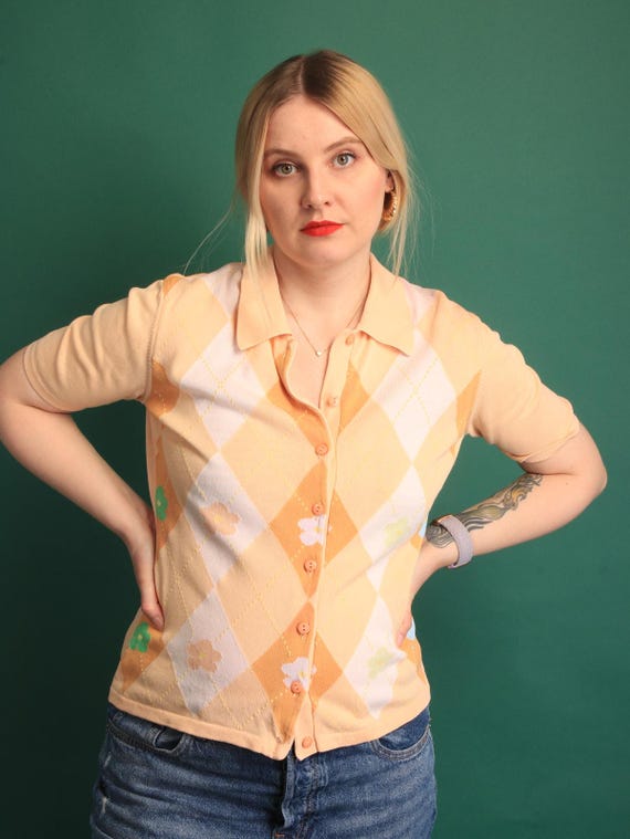 Vintage 90s Preppy Argyle Floral Pastel Button down front Knit