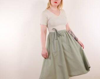 Vintage house dress S/M, Minimalist fitted jersey top with full skirt and pockets housework dress in sage green and beige