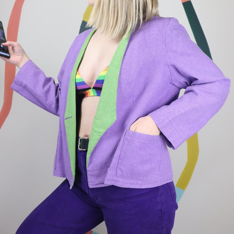 Colorblock 90s linen cotton blazer in violet image 6