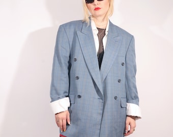 Vintage Oversized Blazer in Light Blue Virgin Wool & Silk ~M/L, Double breasted suit jacket