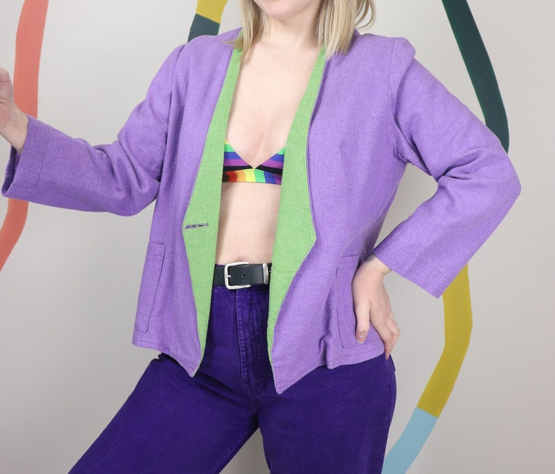 Colorblock 90s linen cotton blazer in violet image 4