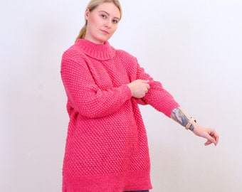 Vintage Barbiecore Hand knitted Turtleneck Sweater dress in hot pink wool ~M/L petite