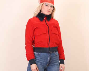 Vintage 70s red corduroy cropped bomber jacket with faux fur collar XXS/XS