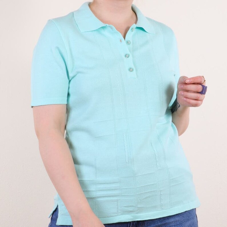 Vintage 90s knitted polo t-shirt sweater in mint blue S/M, Short Sleeve Non-Itchy Preppy Sweater Top image 8