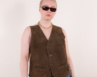 Vintage 90s Y2K Suede and Linen Vest in brown size L