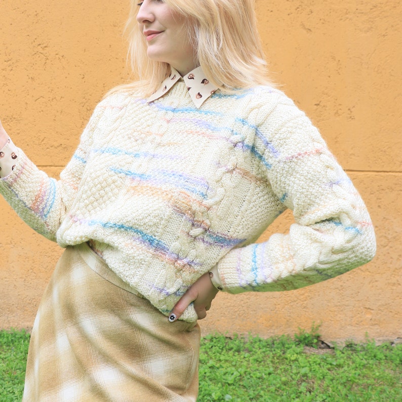 Vintage wool cropped striped sweater in cable knit pastel colors, Size XS-M, handknitted sweater image 4