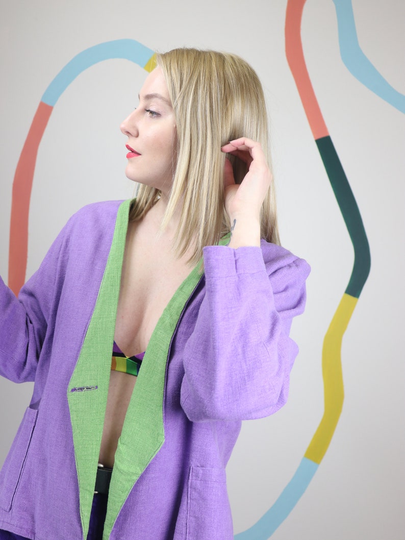 Colorblock 90s linen cotton blazer in violet image 1