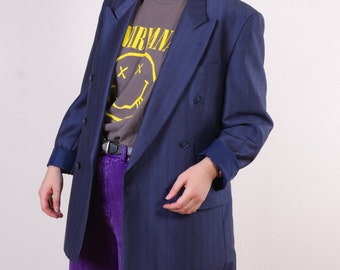 Vintage Oversized Blazer in Blue Sheen Striped ~M, Double breasted suit jacket with sheen