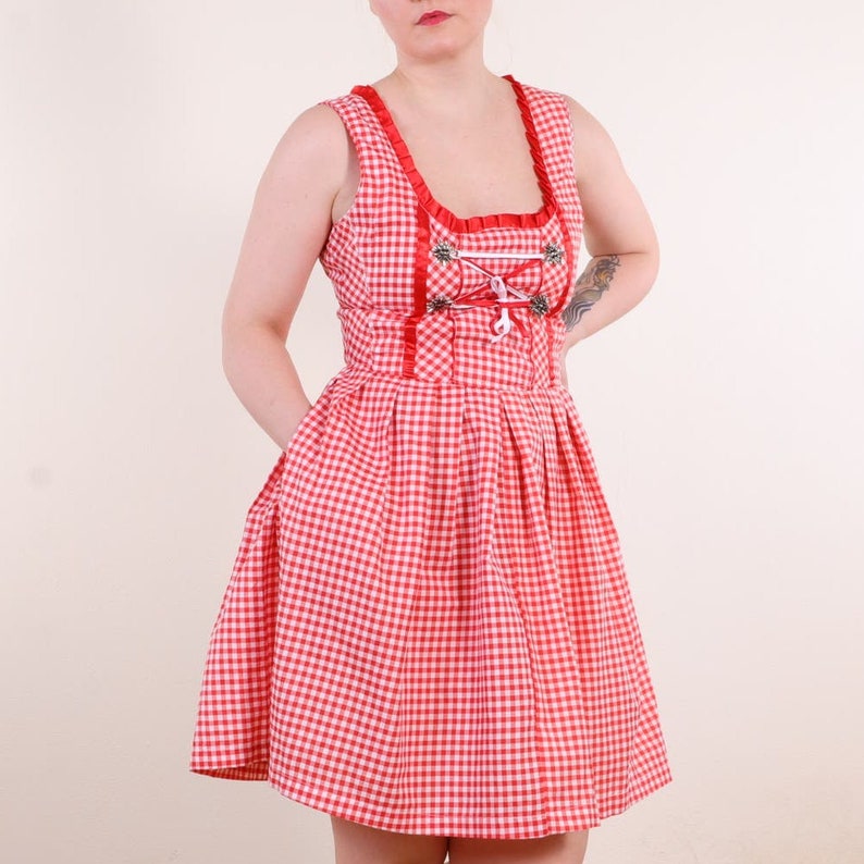 Vintage Dirndl Trachten Traditional Folk Gingham Check Dress in Red and white M image 3