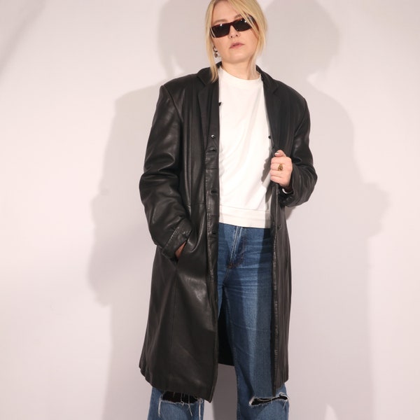 Manteau en cuir minimaliste vintage Y2K avec doublure chaude en noir, manteau d’hiver rembourré