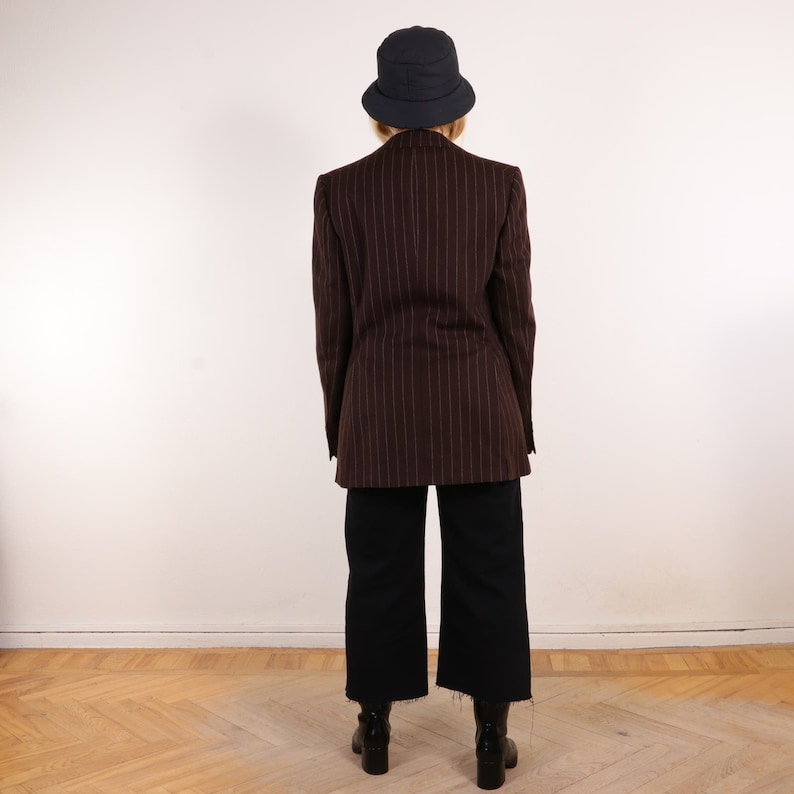 Vintage 70s Pinstripe Wool Minimalist Van Gils Blazer w Large Lapels in Brown M imagem 8