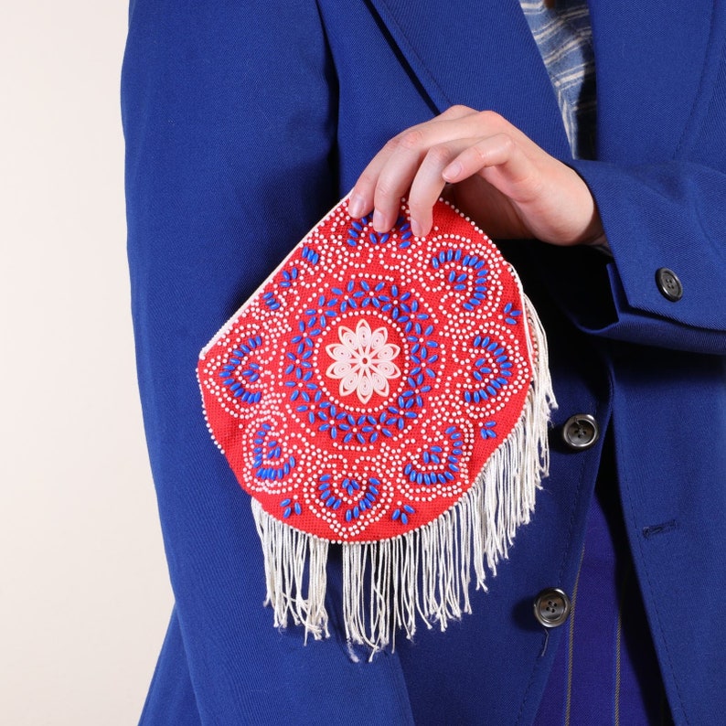 Vintage Red beaded coin purse with tassels image 1