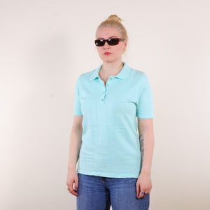 Vintage 90s knitted polo t-shirt sweater in mint blue S/M, Short Sleeve Non-Itchy Preppy Sweater Top image 4