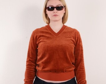 70s Vintage velour cropped sweatshirt in Rust Red V-neck  ~XS/S