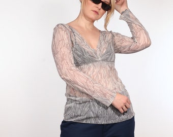 Y2K animal print Sheer micro mesh long sleeve Top M