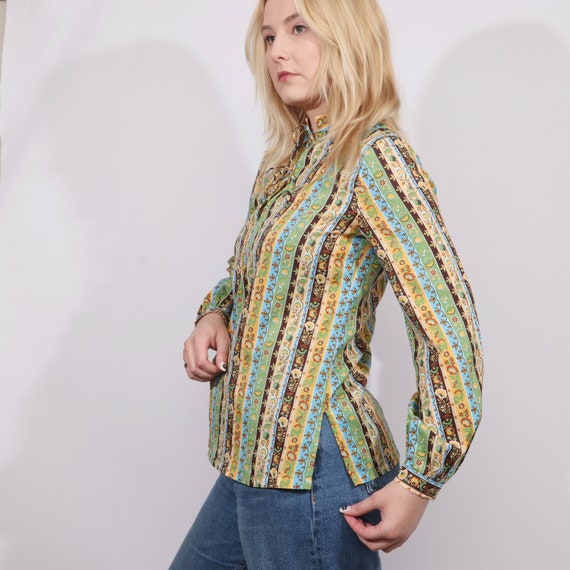 Vintage 60s 70s ditsy floral striped hippie blous… - image 4