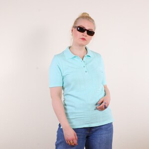 Vintage 90s knitted polo t-shirt sweater in mint blue S/M, Short Sleeve Non-Itchy Preppy Sweater Top image 7