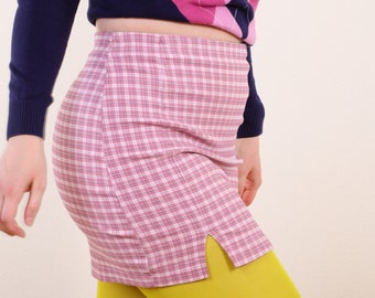 Vintage Y2K Plaid Pink high waist mini skirt, Light Academia