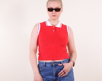 NOS années 90 court polo en éponge gilet t-shirt sans manches sweat-shirt XS/S, pull en tissu serviette minimaliste tennis sportif en rouge