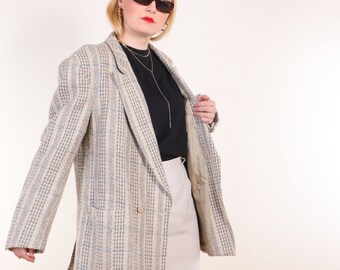 80s Light Academia check textured wool blend blazer, minimalist vintage jacket M/L