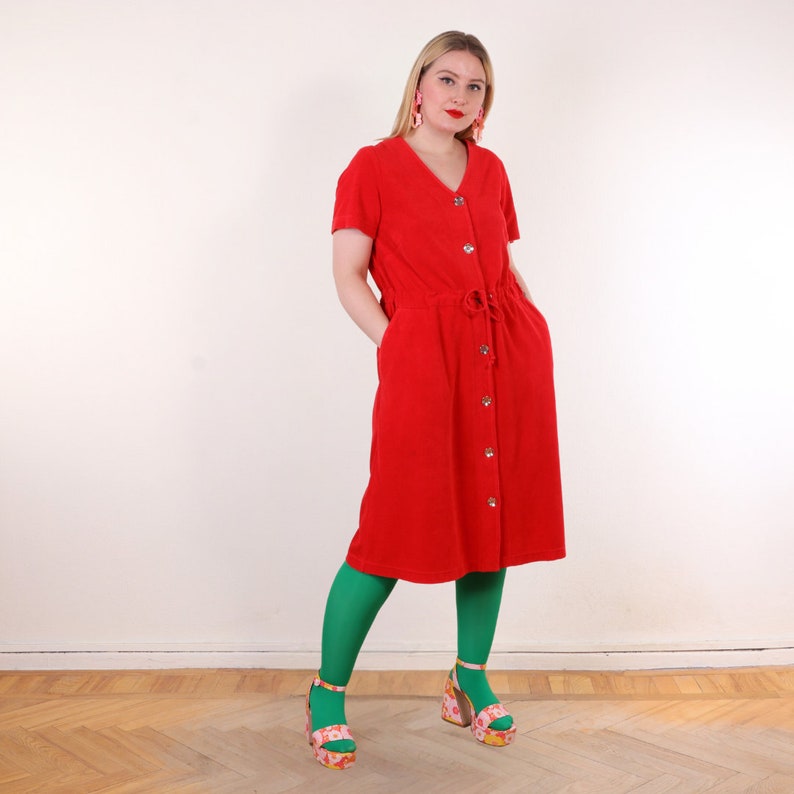 Y2K Terrycloth button down house dress in Red Cotton Blend EU44 L/XL image 4