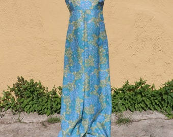 60s Psychedelic Floral Formal Fit and Flare Maxi Dress XS with empire waist in blue, frontal pleat - Occasion-wear, Wedding guest