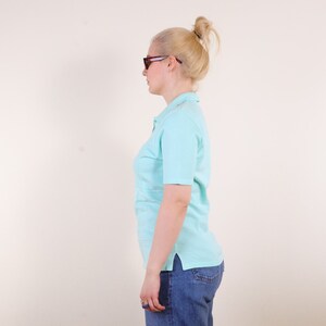 Vintage 90s knitted polo t-shirt sweater in mint blue S/M, Short Sleeve Non-Itchy Preppy Sweater Top image 5