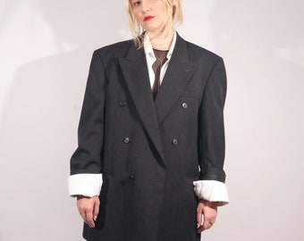 Vintage Wool Oversized Blazer Double breasted in Dark Gray M/L