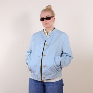 Vintage 80s REVERSIBLE bold bomber jacket in yellow and baby blue M, cotton artisan hippie short jacket image 4