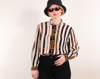 Vintage 80s striped gold chain print long sleeve blouse in black and cream L/XL