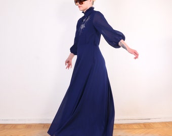 Vintage 70s evening dress with poet sleeves in navy blue chiffon M/L, Edwardian style dress