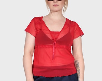 Vintage Y2K Coquette Cute Bow Sheer Mesh blouse in rood met sla zoom ~M