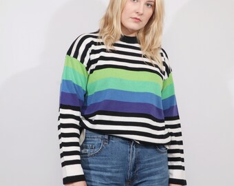 Vintage Clowncore 90s Striped Sweater Size S, Kidcore Colorful Knit, Oversized Jumper