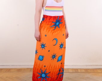 90s Vintage astrology flames long wrap skirt in red and blue ~M/L