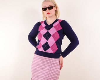 Y2K Argyle V-neck sweater in pink and navy blue cotton blend S