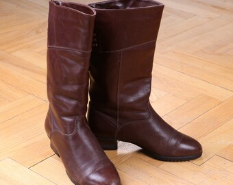 80s Vintage Leather pull on mid calf boots in brown UK 3.5